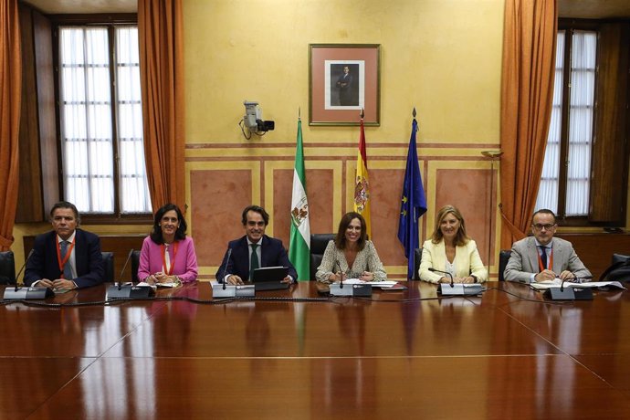 La consejera de Fomento, Articulación del Territorio y Vivienda, Rocío Díaz, reunida con los grupos parlamentarios.