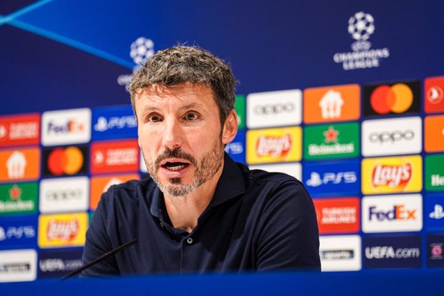 Coach Mark van Bommel of Royal Antwerp FC during the Press Conference following the UEFA Champions League, Play-offs, 1st leg football match between Royal Antwerp FC and AEK Athens on August 22, 2023 at Bosuilstadion in Deurne, Belgium - Photo Joris Verwi