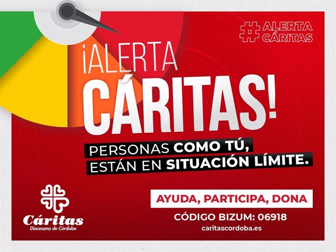 Imagen promocional de la campaña '#AlertaCáritas', que busca recaudar donativos para acompañar a las familias más vulnerables de Córdoba.