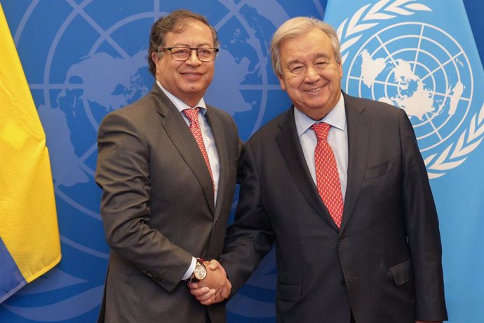 NUEVA YORK. 18 de septiembre de 2023. Reunión del Presidente con el secretario general de la ONU, António Guterres (Cortesía Juan Diego Cano  Presidencia).