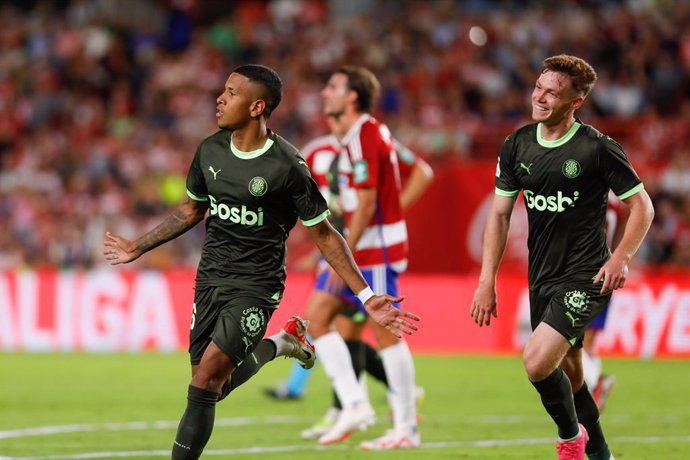 Savio of Girona FC scores a goal during the Spanish league, La Liga EA Sports, football match played between Granada CF and Girona FC at Nuevo Los Carmenes stadium on September 18, 2023, in Granada, Spain.