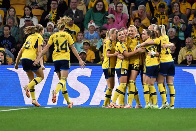 Fridolina Rolfo of Sweden celebrates after kick a penalty goal during the FIFA Women's World Cup 2023 Third Place Playoff match between Australia and Sweden at Brisbane Stadium in Brisbane, Saturday, August 19, 2023. (AAP Image/Darren England) NO ARCHIV