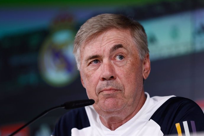 Carlo Ancelotti attends his press conference after the training day of Real Madrid celebrated at Ciudad Deportiva Real Madrid on august 24, 2023, in Valdebebas, Madrid, Spain.