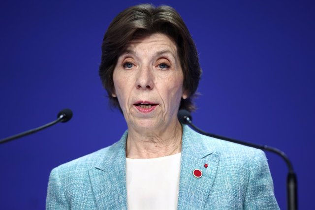 Archivo - 21 June 2023, United Kingdom, London: France's Foreign Minister Catherine Colonna addresses the opening session on the first day of the Ukraine Recovery Conference, held at the InterContinental London - O2. Photo: Henry Nicholls/PA Wire/dpa