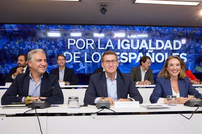 (I-D) El coordinador general del Partido Popular, Elías Bendodo; el presidente del Partido Popular, Alberto Núñez Feijóo, y la secretaria general del PP, Cuca Gamarra, presiden la reunión de la Junta Directiva Nacional del partido, en la sede del PP, a 