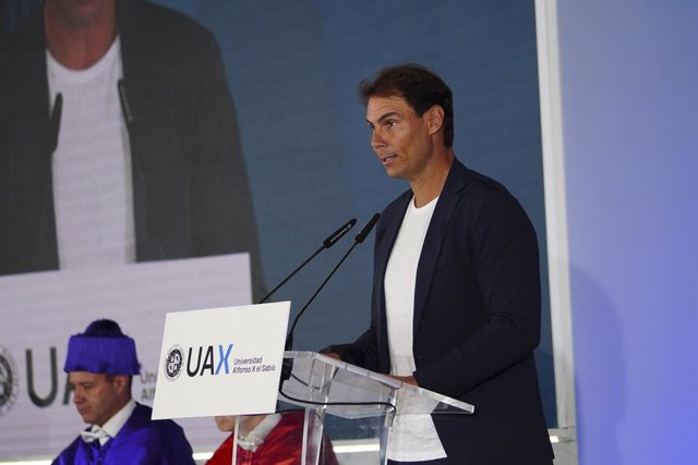 El tenista Rafa Nadal, en el acto de apertura del curso académico 2023-2024 de la Universidad Alfonso X el Sabio (UAX), en el campus de Villanueva de la Cañada (Madrid), el 19 de septiembre de 2023.