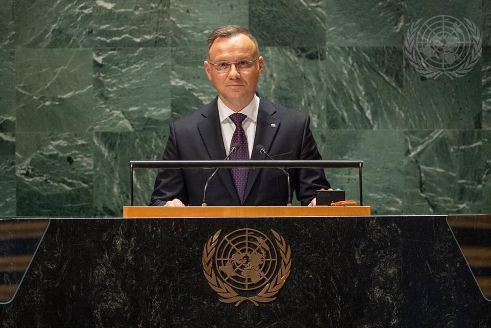El presidente de Polonia, Andrzej Duda, durante su intervención en la 78 Asamblea General de Naciones Unidas