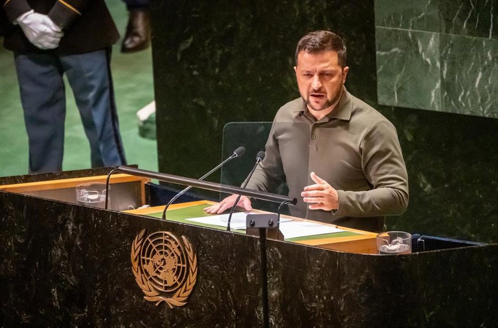 El presidente de Ucrania, Volodimir Zelenski, durante su discurso ante la 78 Asamblea General de Naciones Unidas
