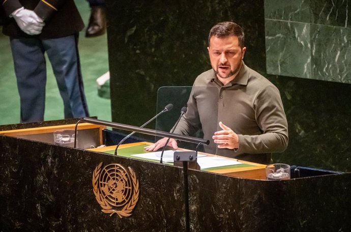 19 September 2023, US, New York: Ukrainian President Volodymyr Zelensky speaks during the General Debate of the UN General Assembly. Photo: Michael Kappeler/dpa