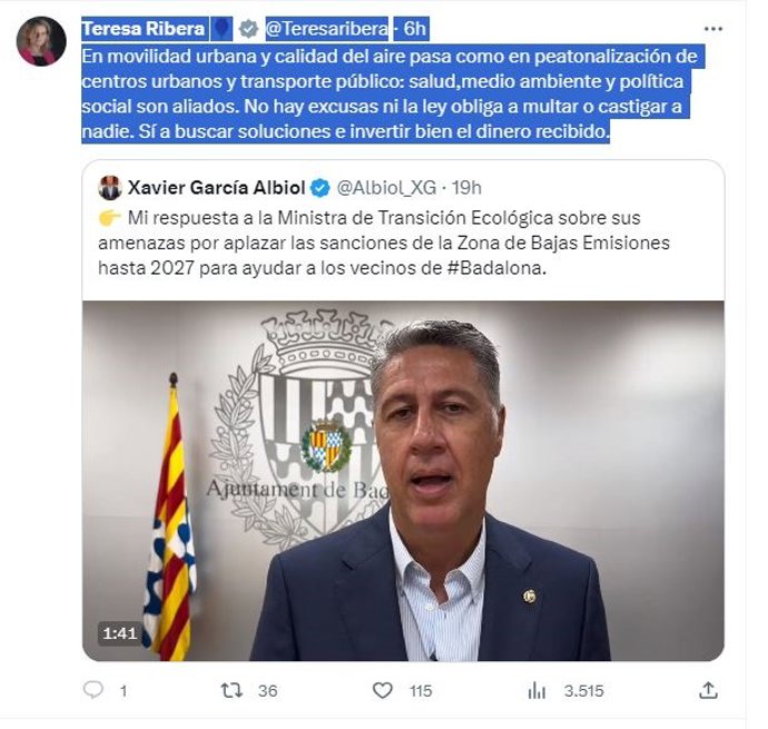 Post de Ribera en la red social X.