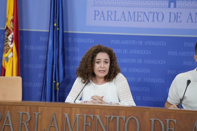 La portavoz del grupo Por Andalucía, Inmaculada Nieto, en rueda de prensa en el Parlamento andaluz.