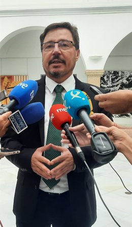 El consejero de Economía, Empleo y Transformación Digital, Guillermo Santamaría, en declaraciones a los medios en la Asamblea