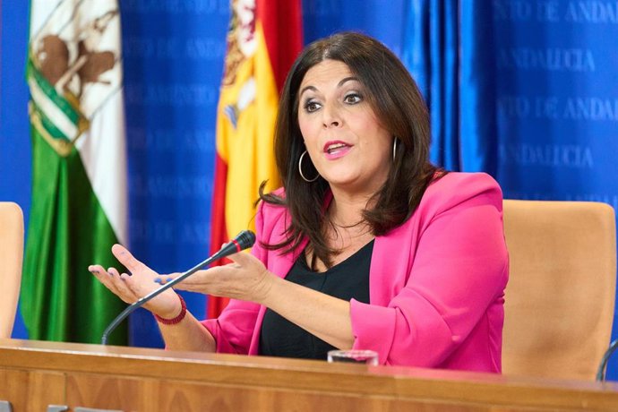 La portavoz del Grupo Parlamentario Socialista, Ángeles Férriz, durante la ronda de ruedas de prensa de portavoces de los grupos parlamentarios en el Parlamento de Andalucía, a 20 de septiembre de 2023 en Sevilla (Andalucía, España). Los portavoces de l