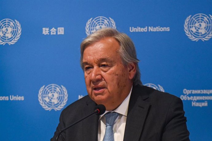 08 September 2023, India, New Delhi: United Nations Secretary General Antonio Guterres speaks during a press conference, ahead of the G20 Summit in New Delhi. Photo: Kabir Jhangiani/ZUMA Press Wire/dpa