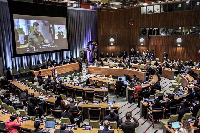 September 19, 2023, New York, New York, USA: VOLODYMYR ZELENSKYY  President of Ukraine speaks in the Trusteeship Council Chamber during his visit to the UN HQ for the 2023 UNGA gathering. ..This year the theme is "Rebuilding trust and reigniting global 