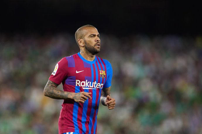 Dani Alves of FC Barcelona looks on during the spanish league, La Liga Santander, football match played between Real Betis and FC Barcelona at Benito Villamarin stadium on May 7, 2022, in Sevilla, Spain.