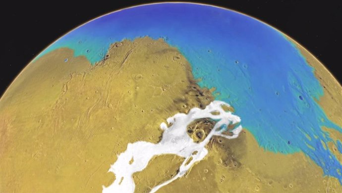 Esta imagen conceptual revela cómo pudo haber sido la región de Kasei Valles en Marte hace 3 mil millones de años. Las áreas blancas son glaciares y las azules representan el océano.