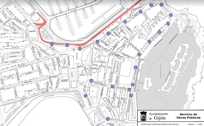 Plano con el corte de tráfico por el Día Europeo Sin Coche en Gijón.