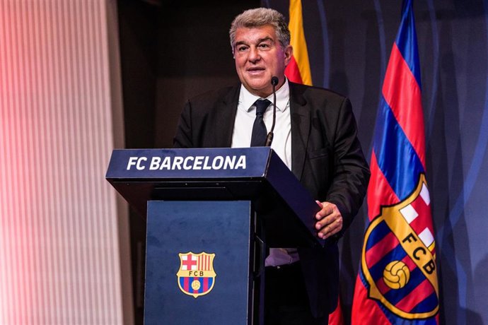 Joan Laporta, President of Fc Barcelona, attends during the presentation of Dario Bruzuela, Joel Parra, Jabari Parker and Willy Hernangomez as new players of FC Barcelona Basket at Auditori 1899 on September 14, 2023 in Barcelona, Spain.