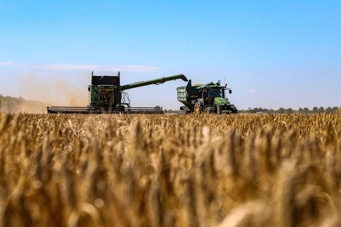 Archivo - June 22, 2022, Odesa Region, Ukraine: A combine harvester collects grain crops in a field in Odesa Region, southern Ukraine. This photo cannot be distributed in the Russian Federation.,Image: 702095013, License: Rights-managed, Restrictions: ,