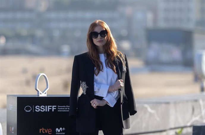 Archivo - La actriz Jessica Chastain, en el photocall de la película The Eyes of Tammy Faye, en la 69 edición del Festival Internacional de Cine de San Sebastián