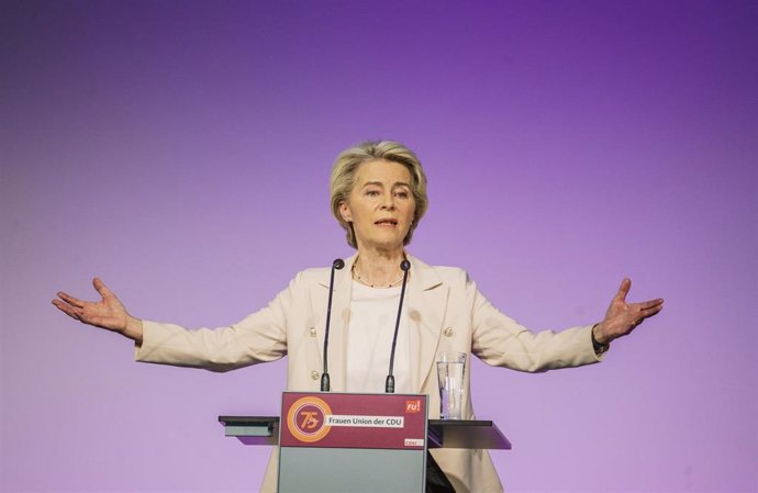 16 September 2023, Hesse, Hanau: Ursula von der Leyen, President of the European Commission, speaks at the 35th Federal Delegates' Conference of the Women's Union of the Christian Democratic Union of Germany (CDU) under the motto "From a women's perspec