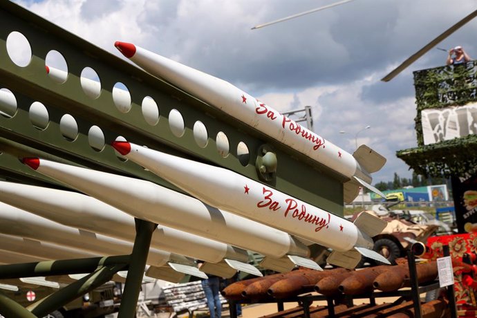 Archivo - May 28, 2023, Kamensk-Shakhtinsky, Russia: Military ammunition, missiles (air defense system) with the inscription for the motherland seen on a military truck at an exhibition in the Patriot Park. Patriot Park (patriotic park) is a military an