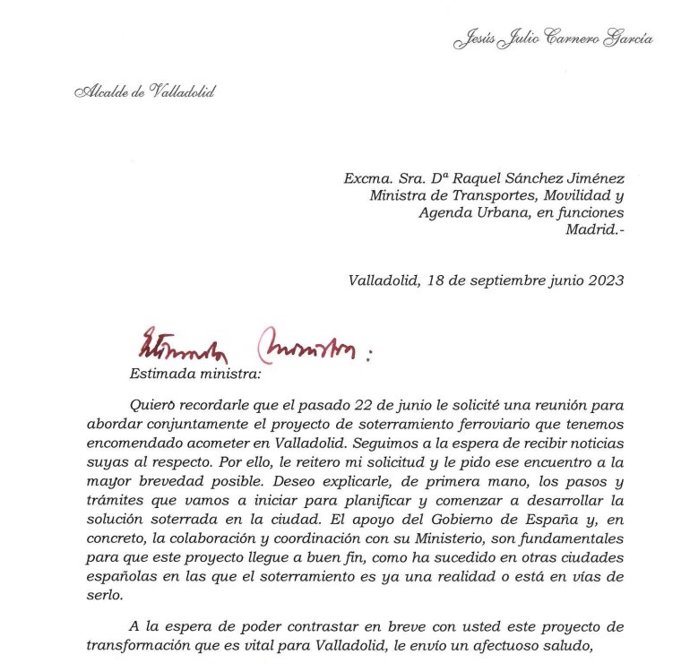 Captura de la carta remitida por Carnero a la ministra Raquel Sánchez