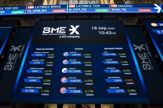 Valores económicos en paneles en el Palacio de la Bolsa, a 18 de septiembre de 2023, en Madrid (España).