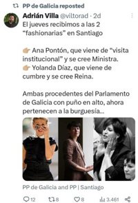 El BNG pide a Rueda que "desautorice" al concejal del PP que criticó en X a Pontón y Yolanda Díaz como "fashionarias"