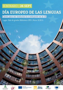 Cartel anunciador del seminario que organiza la UPO de Sevilla con motivo del Día Europeo de las Lenguas.