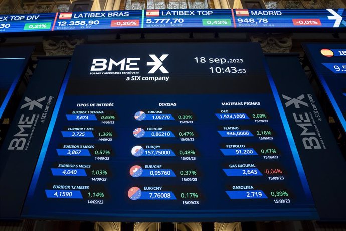 Valores económicos en paneles en el Palacio de la Bolsa, a 18 de septiembre de 2023, en Madrid (España).