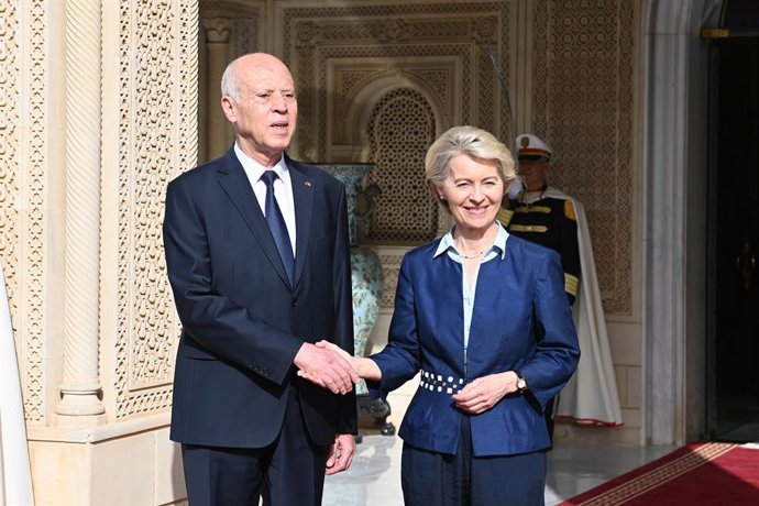 Archivo - July 16, 2023, Tunis, Tunis, Tunisia: Tunisian President Kais Saied meets with, Prime Minister of Italy Giorgia Meloni , President of European Commission Ursula von der Leyen, Prime Minister of the Netherlands Mark Rutte at the Presidential Pa