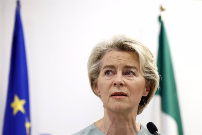 17 September 2023, Italy, Lampedusa: Ursula von der Leyen, President of the European Commission, attends a press conference with Italian Prime Minister Giorgia Meloni (not pictured) as part of their visit to the island of Lampedusa. Photo: Cecilia Fabiano