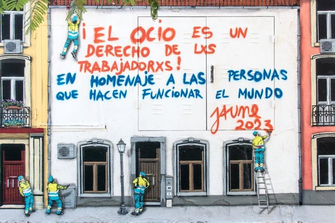 El artista Jaune pinta un mural de más de 20 metros de largo en Ciudad Lineal para homenajear a los trabajadores