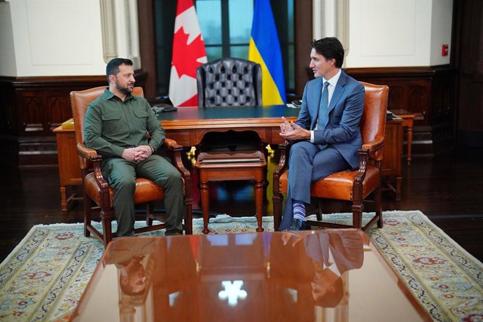 22 September 2023, Canada, Ottawa: Canadian Prime Minister Justin Trudeau meets with Ukrainian President Volodymyr Zelensky. Photo: Sean Kilpatrick/Canadian Press via ZUMA Press/dpa