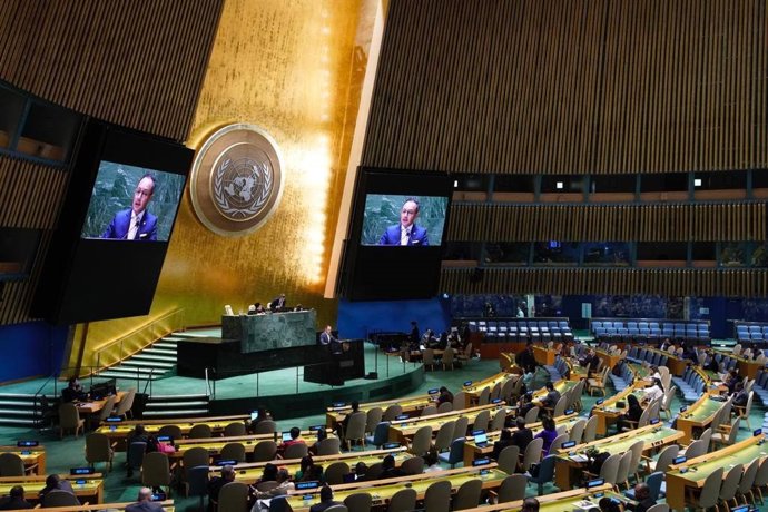Espot durant la seva intervenció en l'Assemblea General de l'ONU