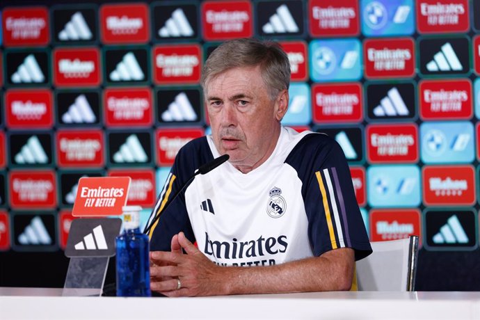 Carlo Ancelotti attends his press conference after the training day of Real Madrid celebrated at Ciudad Deportiva Real Madrid on august 24, 2023, in Valdebebas, Madrid, Spain.