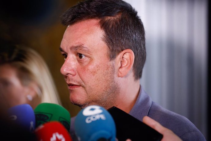 Victor Francos, President of Superior Sports Council CSD, attends during an event in which Lydia Valentin, Olympic Weightlifting Champion, announces her withdrawal from the Competition at the headquarters of the Spanish Olympic Committee COE on Septembe