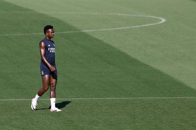 FILE - Vinicius Júnior celebrates Real Madrid training day at Ciudad Sports Center in Valdebebas on August 24, 2023 in Madrid, Spain.