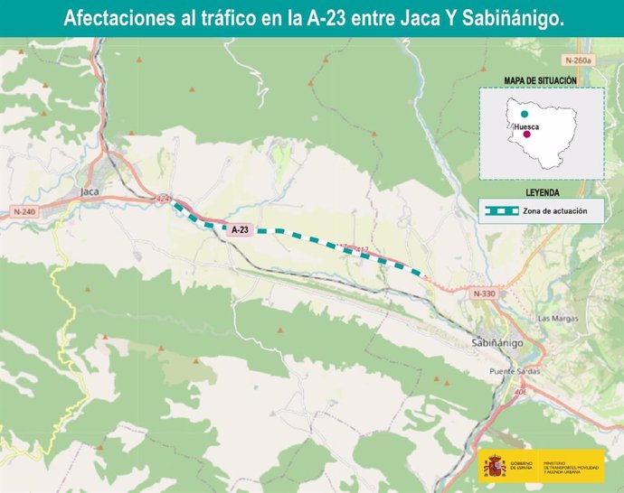 Las obras de rehabilitación del firme de la A-23, entre Jaca y Sabiñánigo, afectarán al tráfico la próxima semana