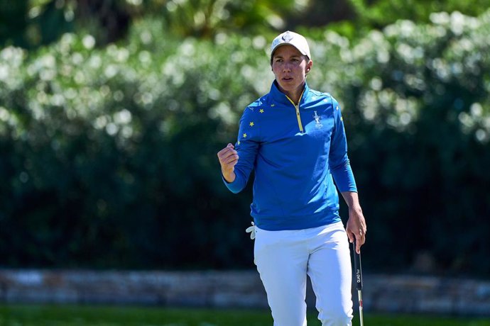 Carlota Ciganda of Europe Team gestures during the Solheim Cup 2023 in Finca Cortesin at Estepona on September 24, 2023 in Malaga, Spain.
