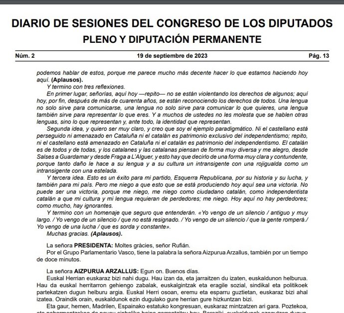 Primer Diario de Sesiones del Congreso plurilingüe