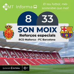 Policía Local y EMT refuerzan servicios por el partido del RCD Mallorca contra el FC Barcelona de este martes.