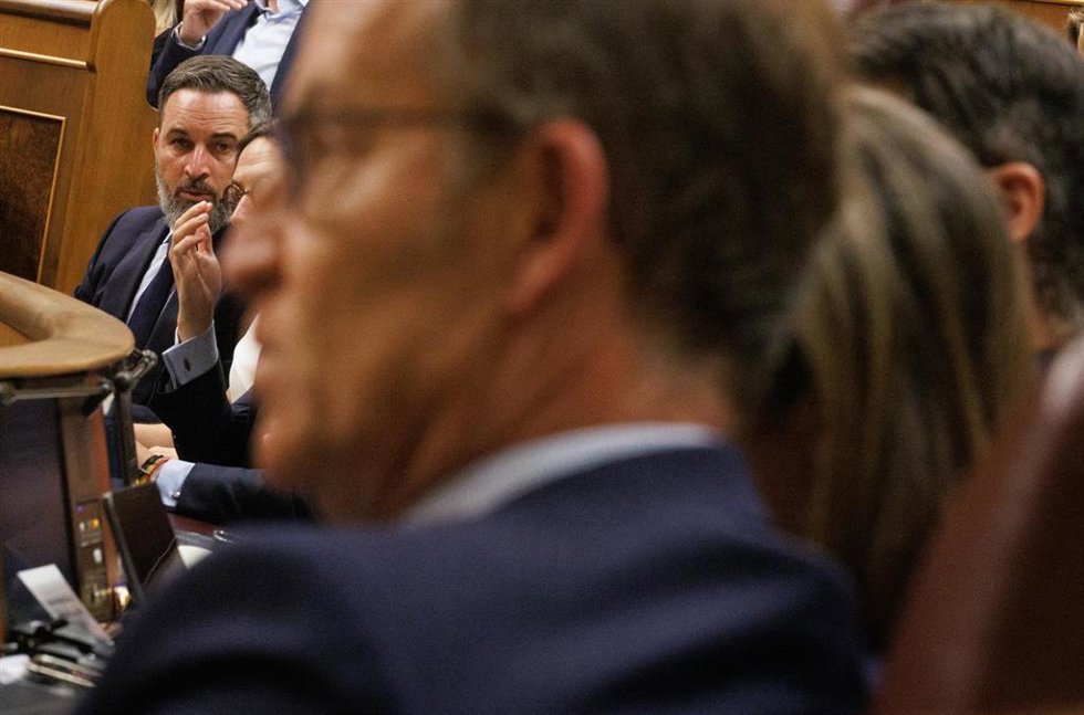 El líder de VOX, Santiago Abascal, durante una sesión plenaria en el Congreso de los Diputados, a 19 de septiembre de 2023, en Madrid (España).