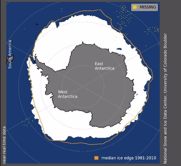 La extensión del hielo marino antártico para el 10 de septiembre de 2023 era de 16,96 millones de kilómetros cuadrados (6,55 millones de millas cuadradas). La línea naranja muestra la extensión promedio de 1981 a 2010 para ese día.