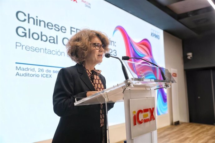 La directora ejecutiva de ICEX-Invest Spain, Elisa García en la prsentación del estudio  Chinese FDI in Spain: Global Outlook 2023, elaborado por ICEX-Invest in Spain, en colaboración con KPMG, en el Auditorio ICEX,.