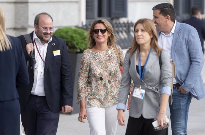 La vicepresidenta y ministra para la Transición Ecológica en funciones, Teresa Ribera (c), a su llegada a la primera sesión del debate de investidura del líder del PP, en el Congreso de los Diputados, a 26 de septiembre de 2023, en Madrid (España). El p