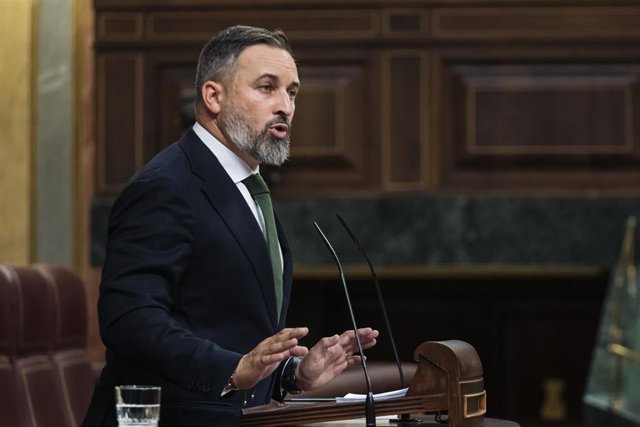 El líder de VOX, Santiago Abascal, interviene durante la primera sesión del debate de investidura del líder del PP, en el Congreso de los Diputados