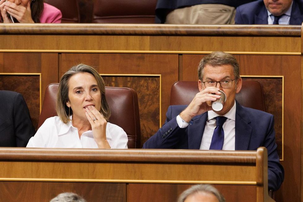 El líder del PP y candidato a la Presidencia del Gobierno, Alberto Núñez Feijóo, y la secretaria General del Partido Popular, Cuca Gamarra, durante la primera sesión del debate de investidura del líder del PP